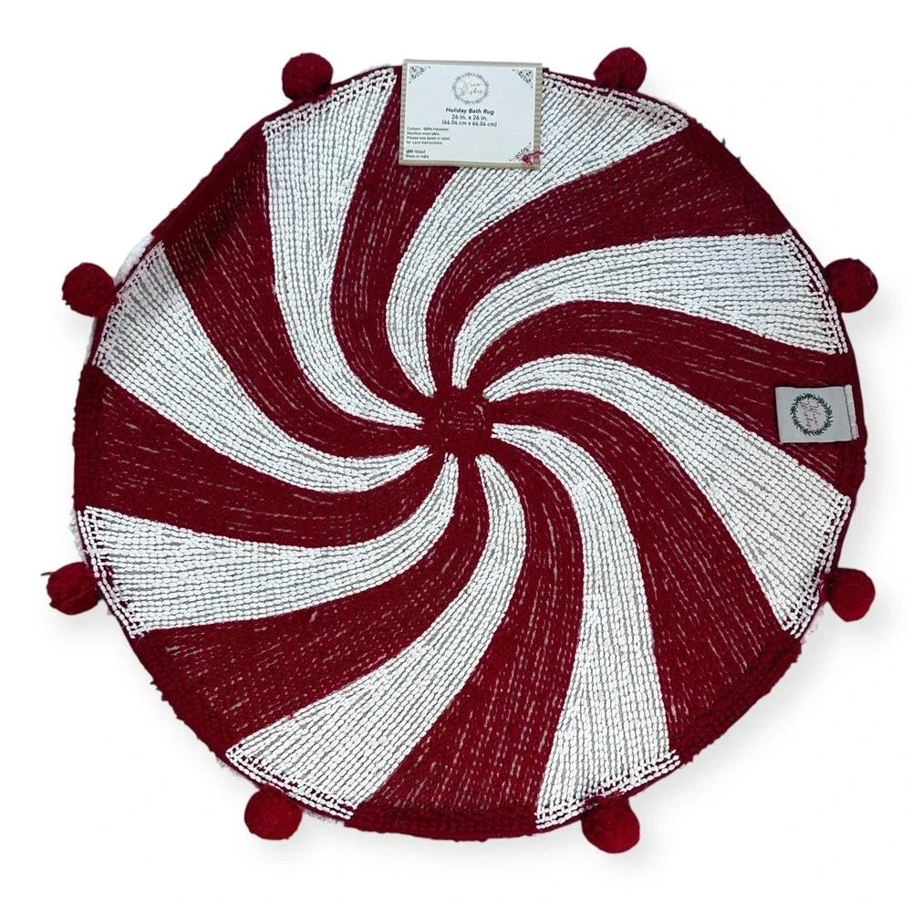 Warm Wishes Holiday Bath Rug Red White Peppermint Swirl Pom Pom 26in Round NEW